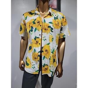 JOGAL Men's Shirt Size L Sunflower Cotton Button Down Short Sleeve Hawaiian #WM1